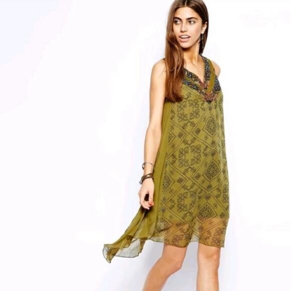 Free People Ancient Mystery Beaded Boho Sleeveless Shift Dress Sage Green Small - Picture 3 of 9